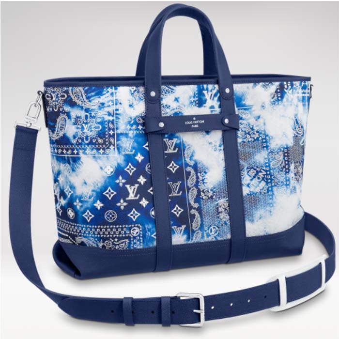 Louis Vuitton LV Unisex Tote Journey Carryall Bag Blue Cowhide Leather Textile Lining