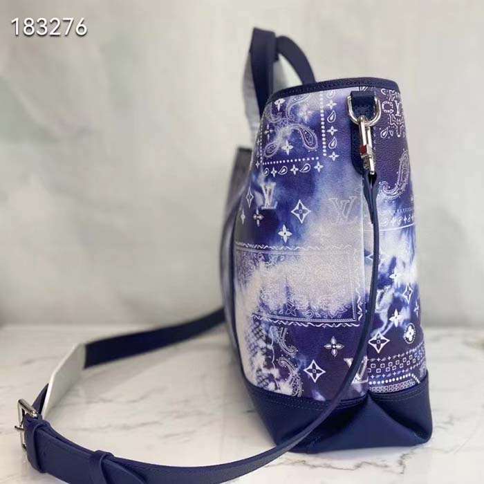 Louis Vuitton LV Unisex Tote Journey Carryall Bag Blue Cowhide Leather Textile Lining (12)