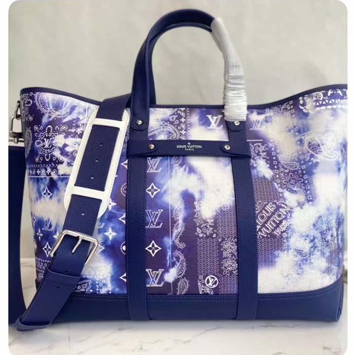 Louis Vuitton LV Unisex Tote Journey Carryall Bag Blue Cowhide Leather Textile Lining (5)