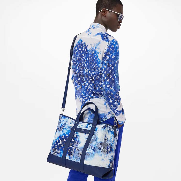 Louis Vuitton LV Unisex Tote Journey Carryall Bag Blue Cowhide Leather Textile Lining (7)