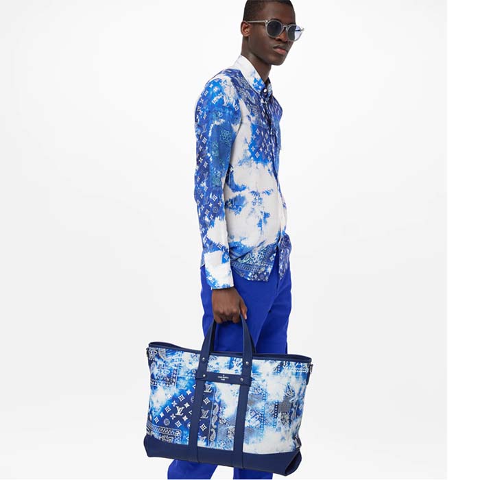 Louis Vuitton LV Unisex Tote Journey Carryall Bag Blue Cowhide Leather Textile Lining (9)