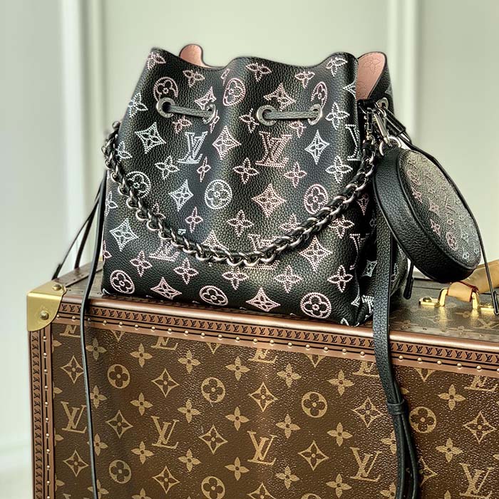 Louis Vuitton LV Women Bella Bucket Bag Black Perforated Mahina Calf Leather (9)