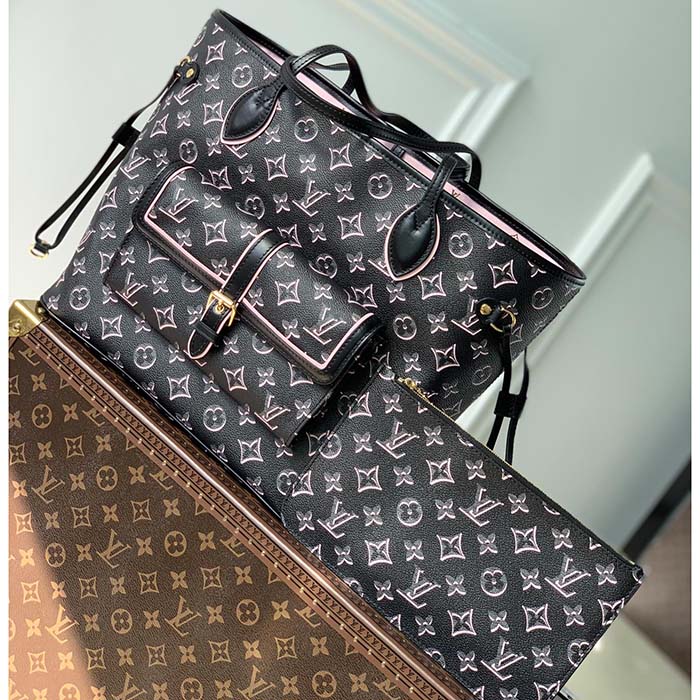 Louis Vuitton LV Women Neverfull MM Tote Bag Black Monogram Coated Canvas (4)