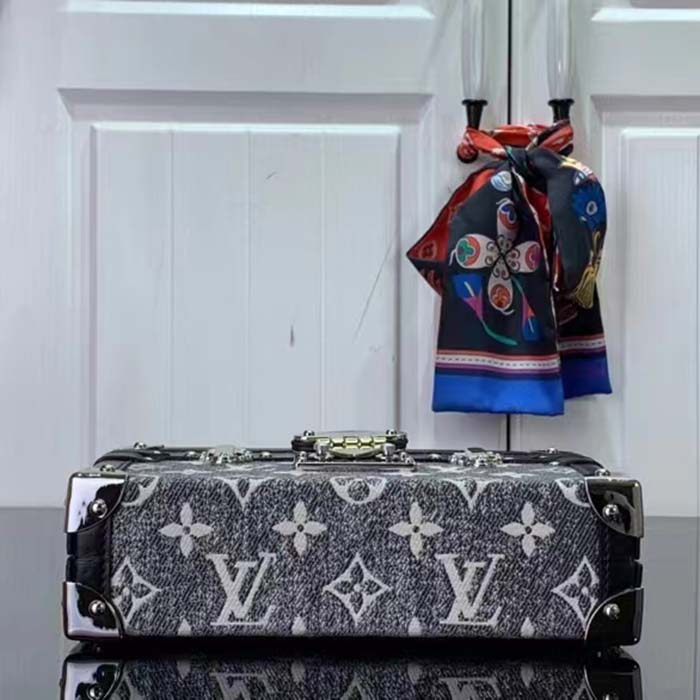 Louis Vuitton LV Women Petite Malle Handbag Gray Denim Textile Jacquard (10)