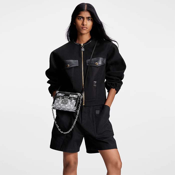 Louis Vuitton LV Women Petite Malle Handbag Gray Denim Textile Jacquard (7)
