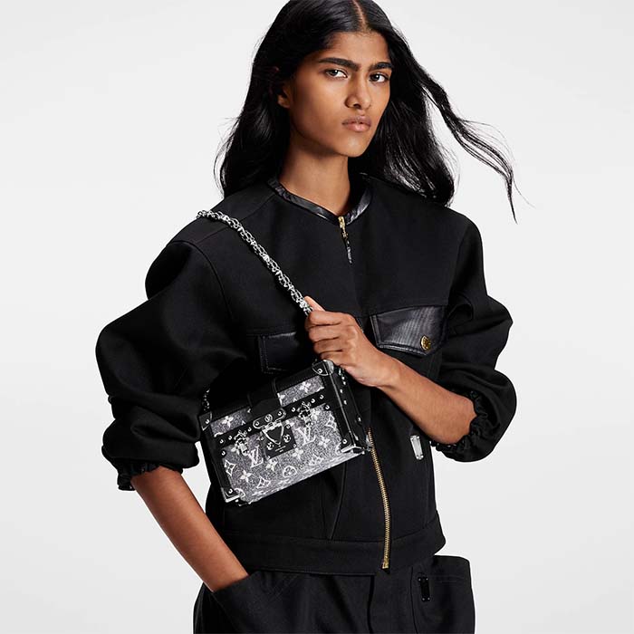 Louis Vuitton LV Women Petite Malle Handbag Gray Denim Textile Jacquard (8)