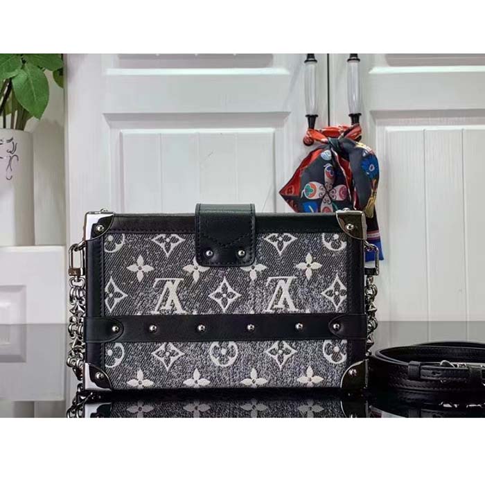 Louis Vuitton LV Women Petite Malle Handbag Gray Denim Textile Jacquard (9)