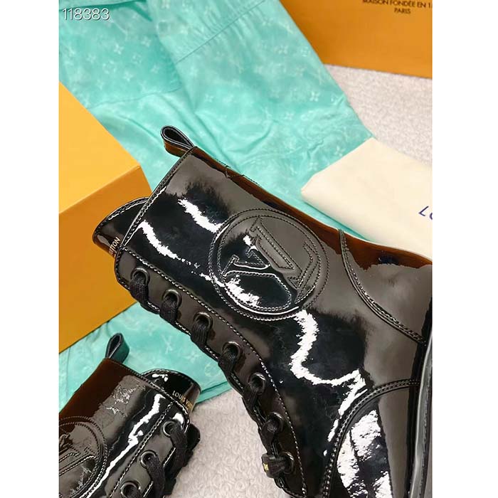 Louis Vuitton LV Women Territory Flat Ranger Black Patent Calf Leather Treaded Rubber (1)