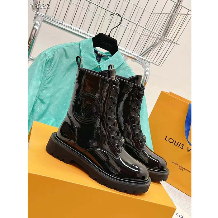 Louis Vuitton LV Women Territory Flat Ranger Black Patent Calf Leather Treaded Rubber (3)