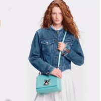 Louis Vuitton LV Women Twist MM Handbag Blue Grained Calfskin Leather (5)