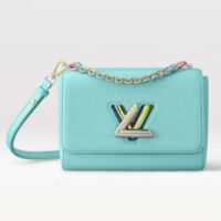 Louis Vuitton LV Women Twist MM Handbag Blue Grained Calfskin Leather (5)