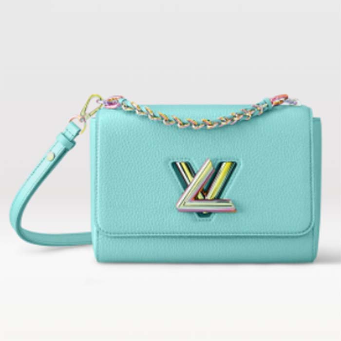 Louis Vuitton LV Women Twist MM Handbag Blue Grained Calfskin Leather