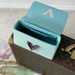 Louis Vuitton LV Women Twist MM Handbag Blue Grained Calfskin Leather - Image 6