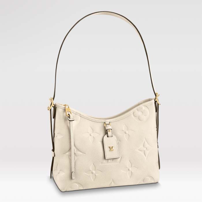 Louis Vuitton Women LV CarryAll PM Handbag Crème Beige Embossed Supple Grained Cowhide