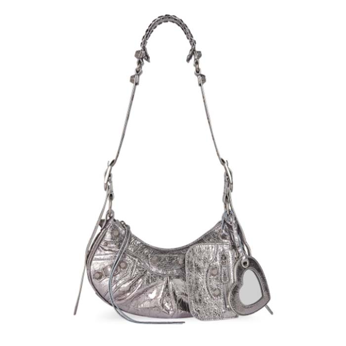 Balenciaga Women BB Le Cagole XS Shoulder Bag Silver Metallized Arena Lambskin