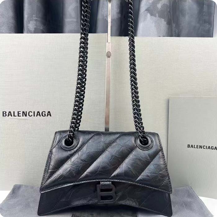 Balenciaga Women Crush Small Chain Bag Quilted Black Crushed Calfskin Black Matte Hardware (10)