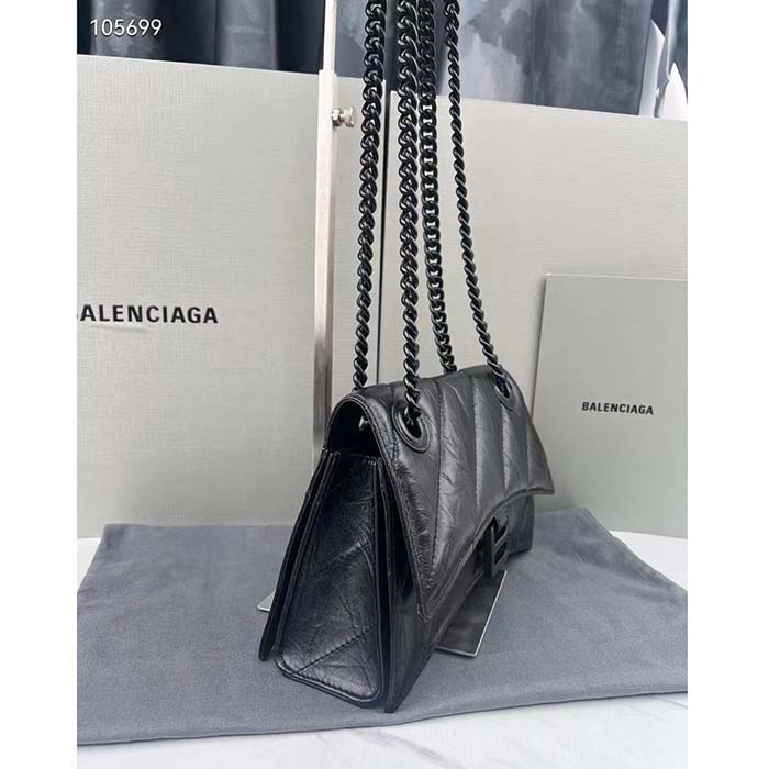 Balenciaga Women Crush Small Chain Bag Quilted Black Crushed Calfskin Black Matte Hardware (4)