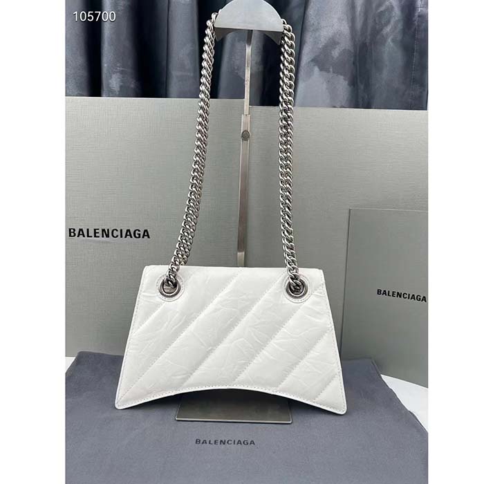 Balenciaga Women Crush Small Chain Bag Quilted White Crushed Calfskin Aged-Silver Hardware (2)