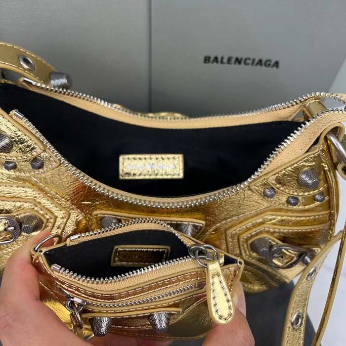 Balenciaga Women Le Cagole XS Shoulder Bag Gold Metallized Arena Lambskin (9)