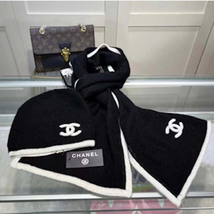 Chanel Set of Three: Black & White Cashmere Scarf, Hat & Fingerless, Lot  #16044