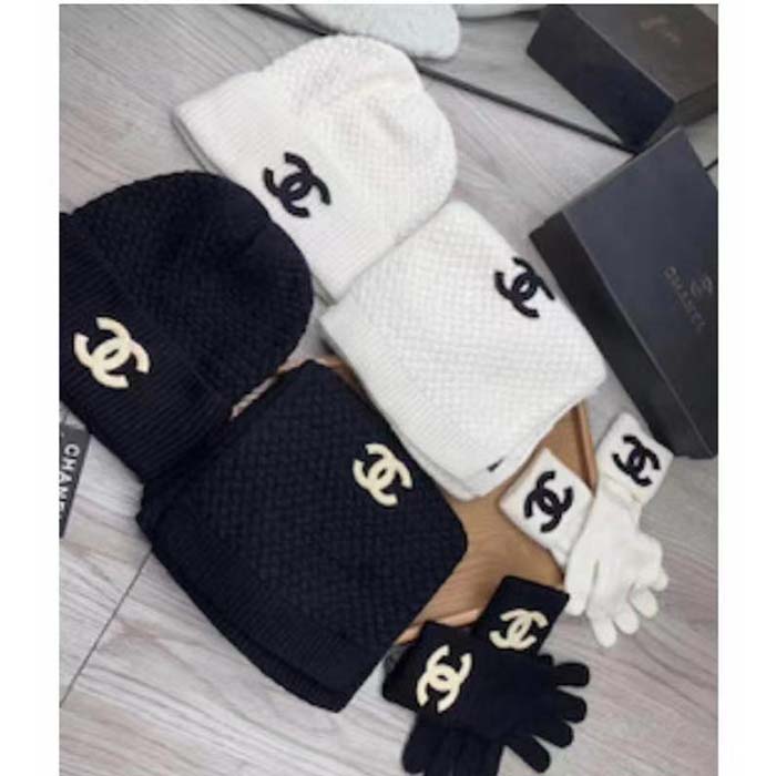 Chanel Unisex CC A Set of Ahead Beanie Gloves Scarf White Black