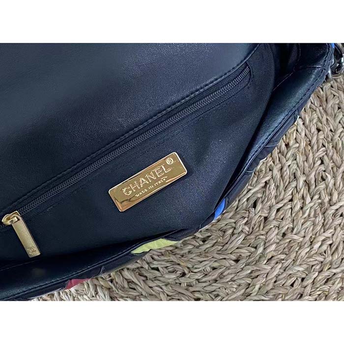 Chanel Women CC 19 Flap Bag Goatskin Gold Silver-Tone Metal Multicolor Black (10)