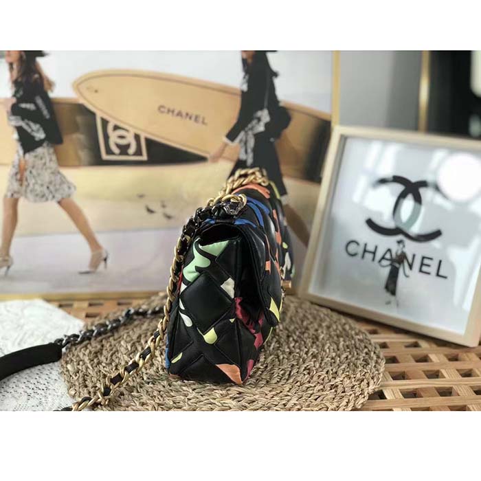 Chanel Women CC 19 Flap Bag Goatskin Gold Silver-Tone Metal Multicolor Black (9)