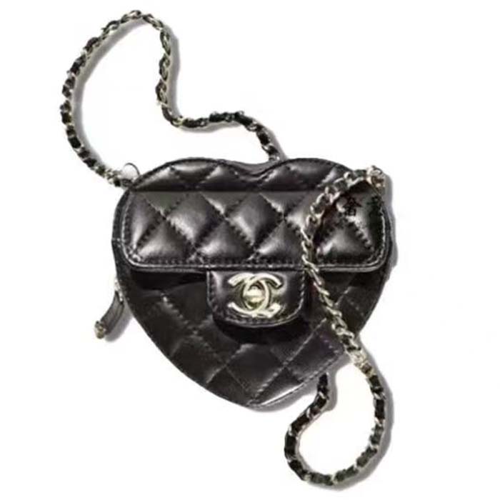 Chanel Women CC Heart Shape Bag Black Calfskin Leather Gold-Tone Metal