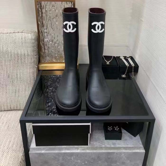 Chanel Women CC High Boots Caoutchouc Leather Black (14)