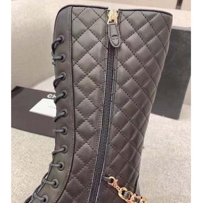 Chanel Women CC Lace-Ups Boots Lambskin & Grained Calfskin Black 4 Cm Heel (7)