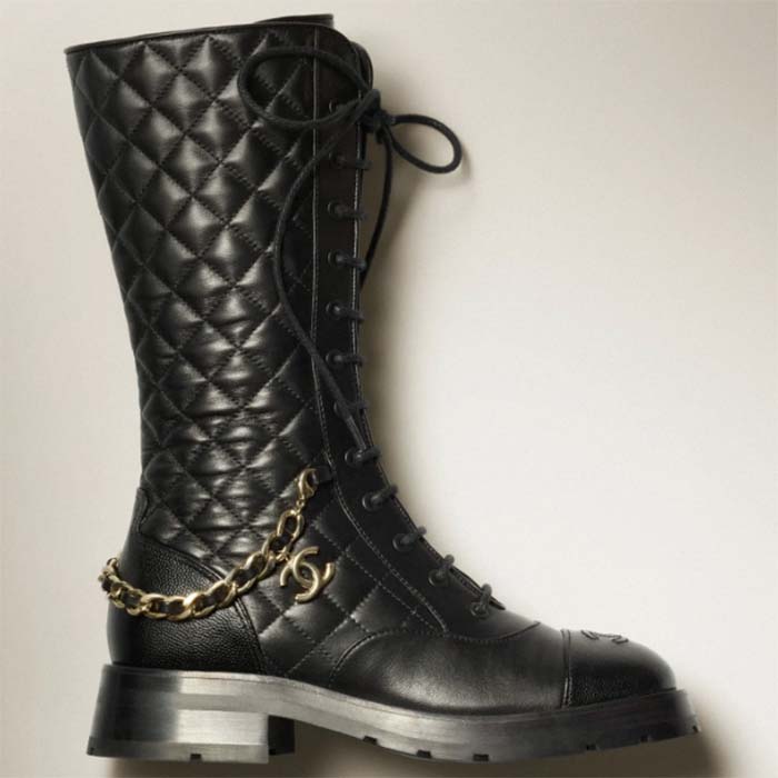 Chanel Women CC Lace-Ups Boots Lambskin & Grained Calfskin Black 4 Cm Heel