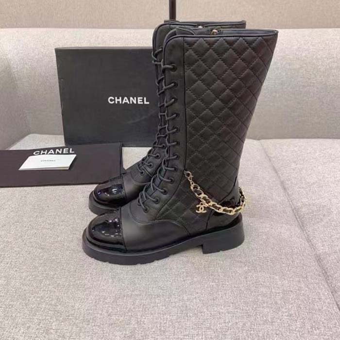 Chanel Women CC Lace-Ups Boots Lambskin & Grained Calfskin Black 4 Cm Heel (9)