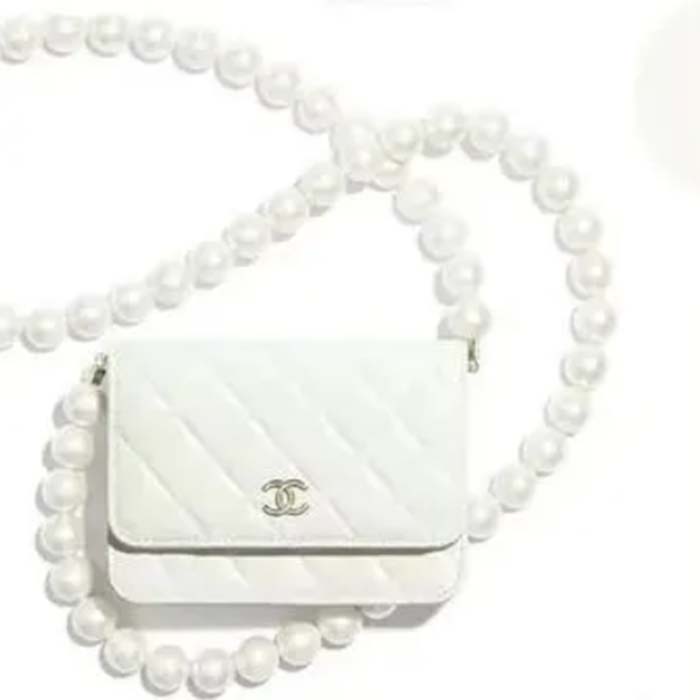 Chanel Women CC Shoulder Flap Bag Artificial Pearl Chain Calfskin Leather