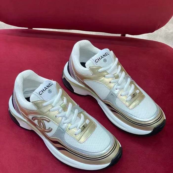 Chanel Women CC Sneakers Fabric Laminated White Gold Silver 1 Cm