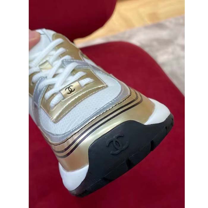 Chanel Women CC Sneakers Fabric Laminated White Gold Silver 1 Cm Heel (12)