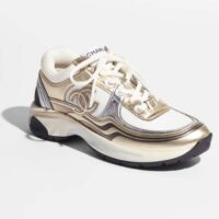 Chanel Women CC Sneakers Fabric Laminated White Gold Silver 1 Cm Heel (2)