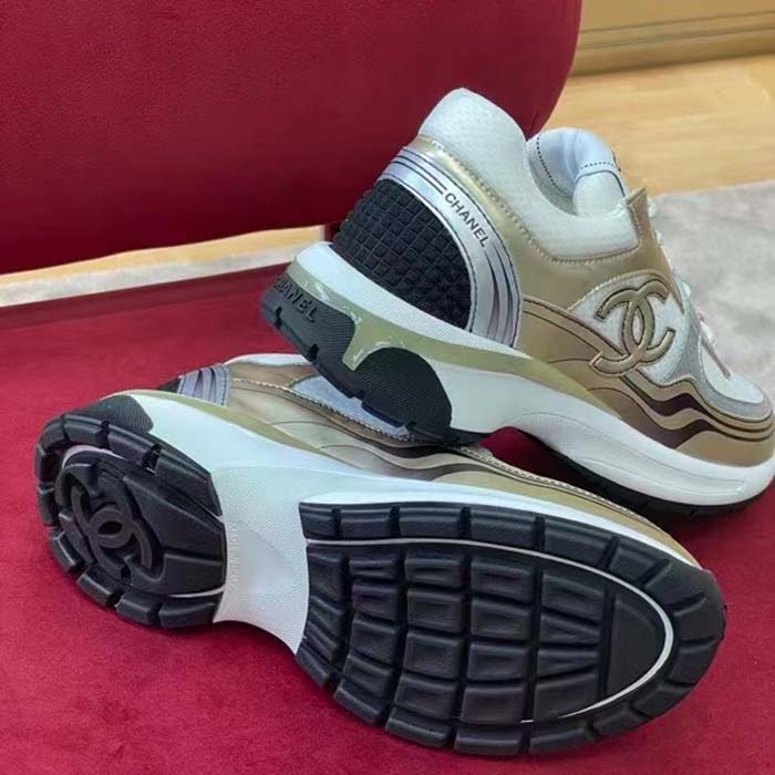 Chanel Women CC Sneakers Fabric Laminated White Gold Silver 1 Cm Heel (4)