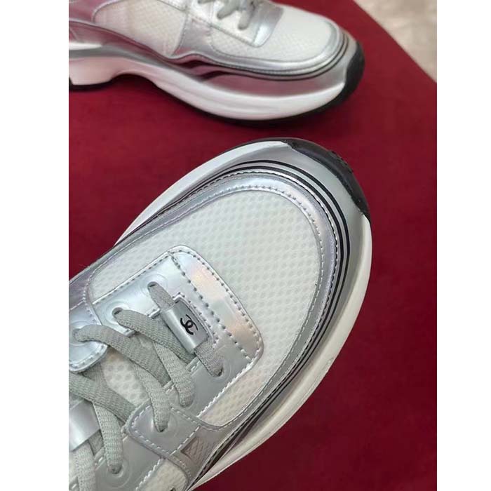 Chanel Women CC Sneakers Fabric Laminated White Silver 1 Cm Heel (12)