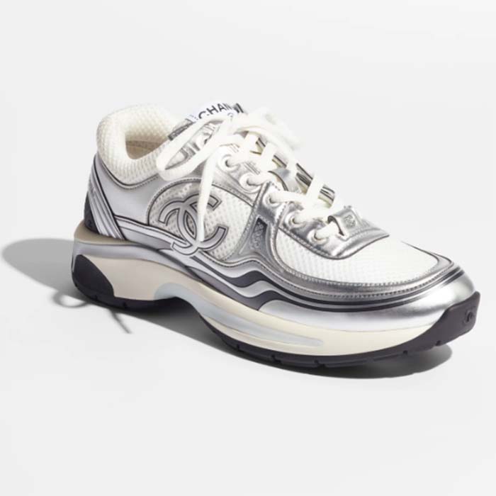 Chanel Women CC Sneakers Fabric Laminated White Silver 1 Cm Heel