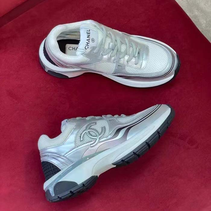 Chanel Fabric & Laminated Light Gray & Silvered Low Top Sneakers