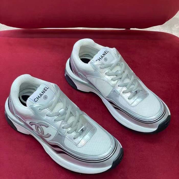Chanel Women CC Sneakers Fabric Laminated White Silver 1 Cm Heel (5)
