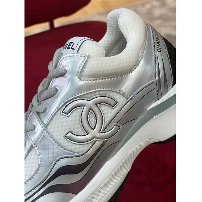 CHANEL Fabric Laminated Calfskin Stretch CC Sneakers 36.5 White Silver  1309598