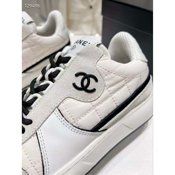 Chanel Women CC Sneakers Fabric & Suede Calfskin Ivory Light Gray & White 1  Cm Heel - LULUX