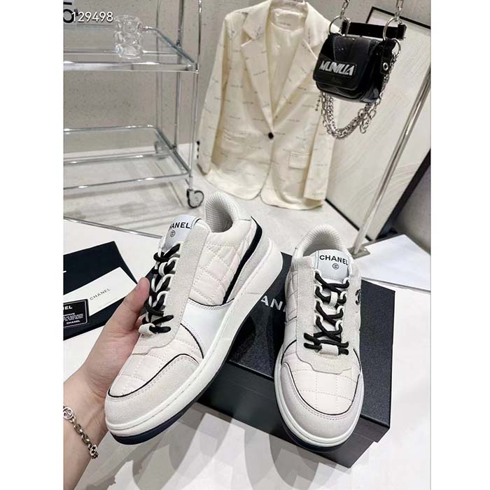 Chanel Women CC Sneakers Fabric Suede Calfskin Calfskin White Light Gray (3)