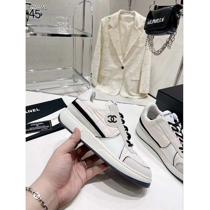 Chanel Women CC Sneakers Fabric Suede Calfskin Calfskin White Light Gray (4)