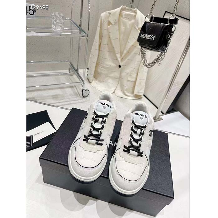 Chanel Women CC Sneakers Fabric Suede Calfskin Calfskin White Light Gray (6)