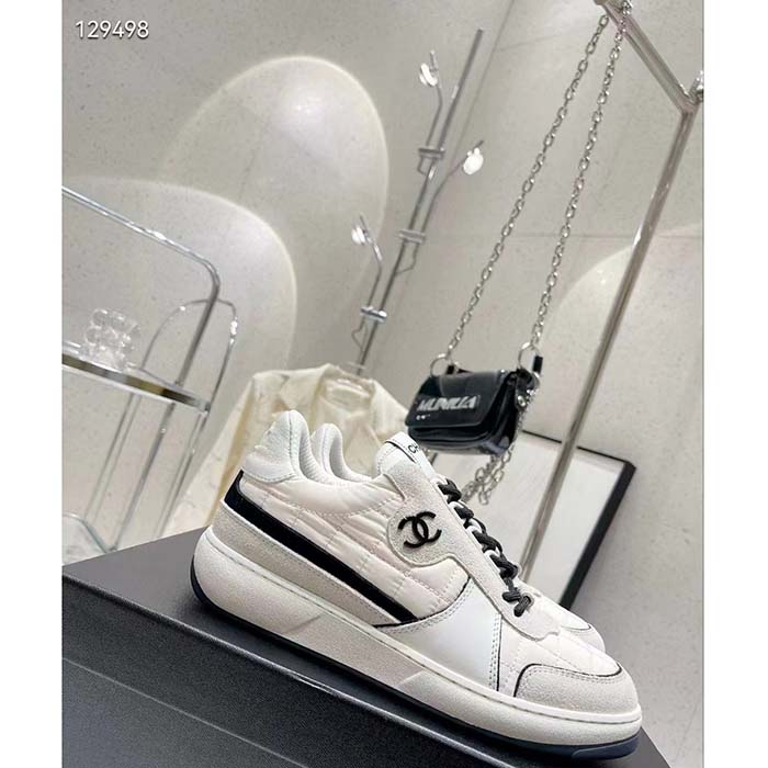 Chanel Women CC Sneakers Fabric Suede Calfskin Calfskin White Light Gray (8)