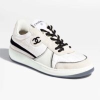 Chanel Women CC Sneakers Fabric Suede Calfskin Calfskin White Light Gray (9)