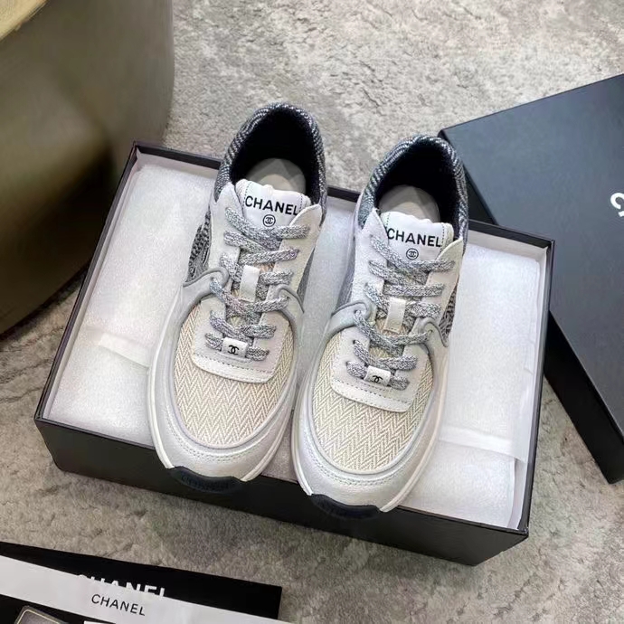 Chanel Women CC Sneakers Fabric & Suede Calfskin Ivory Light Gray & White 1 Cm Heel (1)