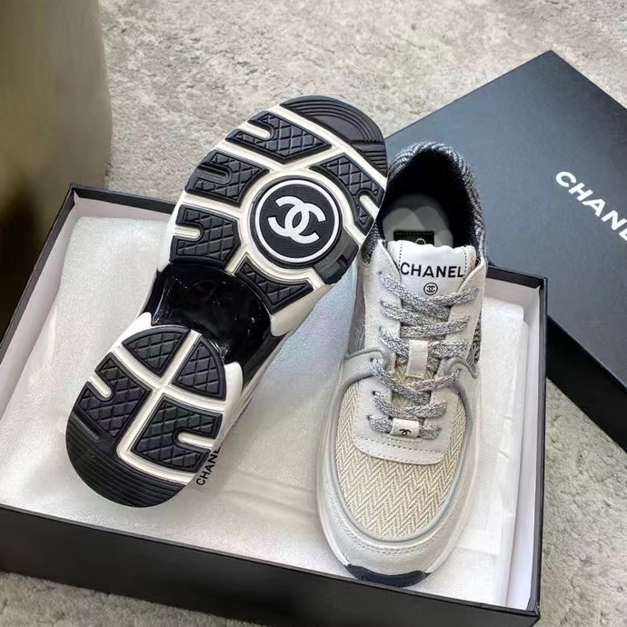 Chanel Women CC Sneakers Fabric & Suede Calfskin Ivory Light Gray & White 1 Cm Heel (10)
